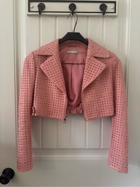 Alice + Olivia Pink Studded Cropped Leather Moto Jacket